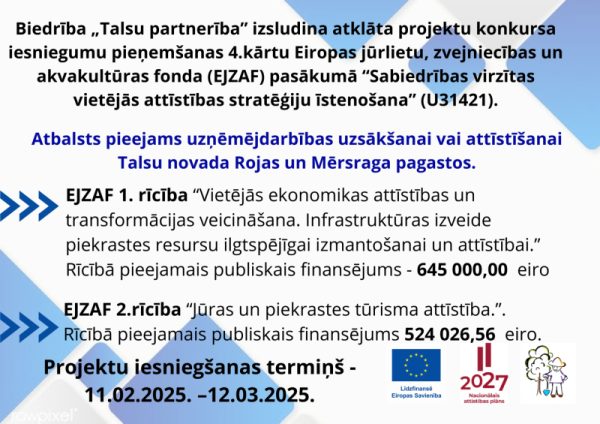 Biedrība „Talsu partnerība” izsludina pieteikšanos ELFLA un EJZAF projektiem